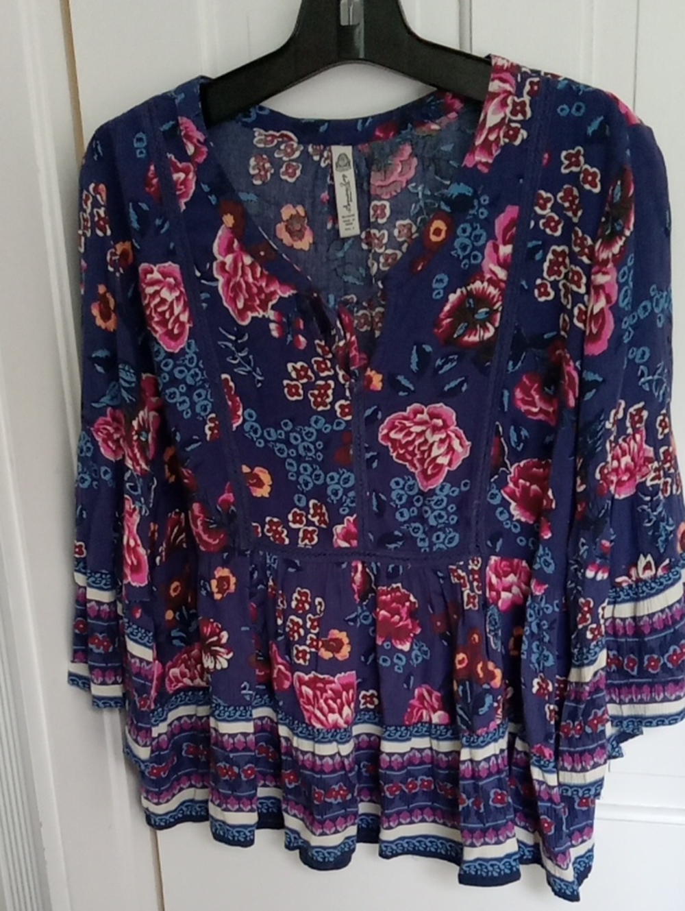 American Rag Boho Floral Swing Peasant Blouse Navy Pink Sz. S